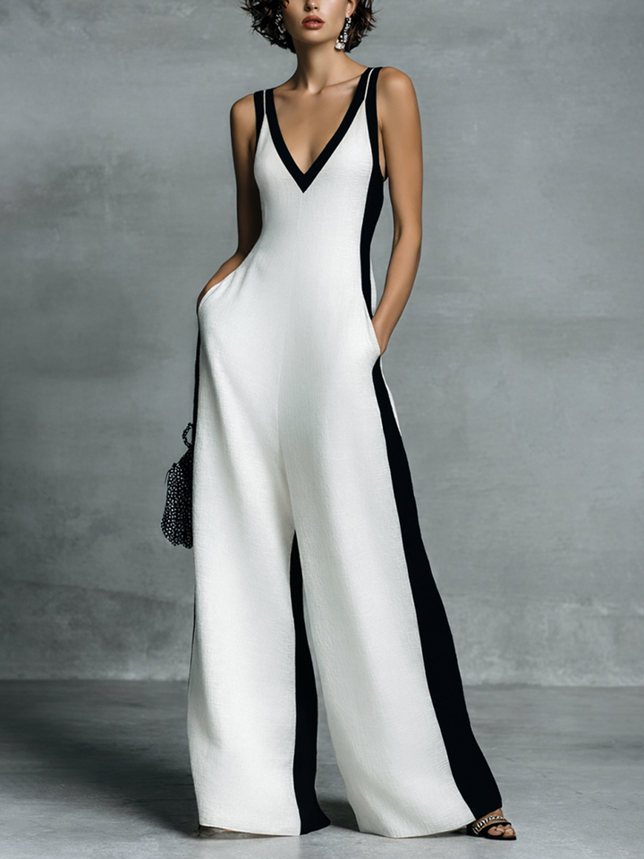 Celine | Svart och vitt färgblockerad jumpsuit med vida ben