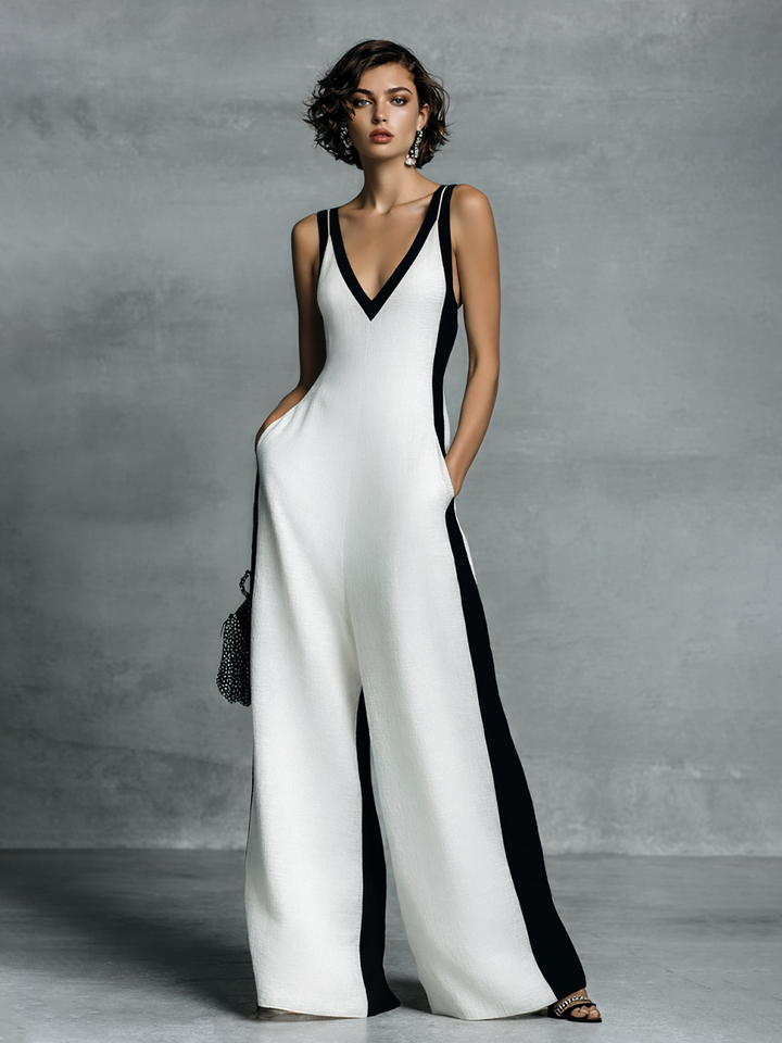 Celine | Svart och vitt färgblockerad jumpsuit med vida ben