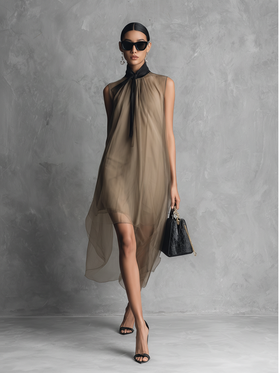 Beatrice - Lättvikt lyx tvåtonad khaki och brun chiffon ärmlös klänning