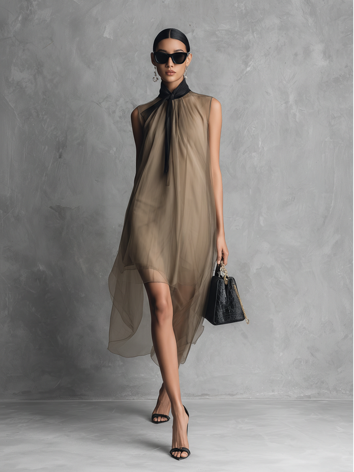 Beatrice - Lättvikt lyx tvåtonad khaki och brun chiffon ärmlös klänning
