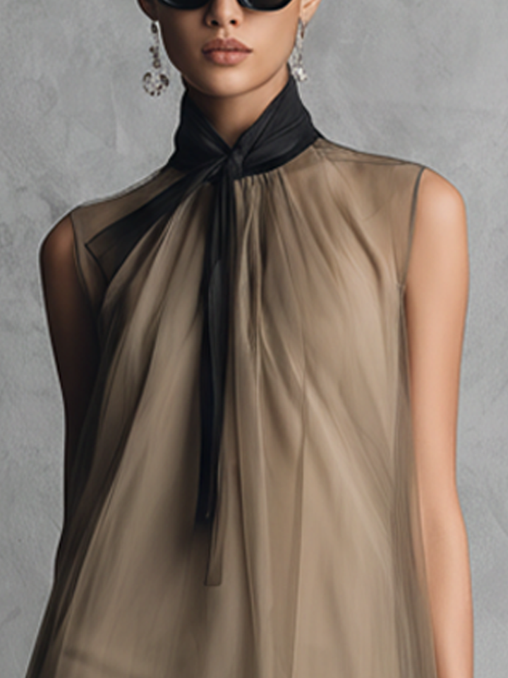Beatrice - Lättvikt lyx tvåtonad khaki och brun chiffon ärmlös klänning