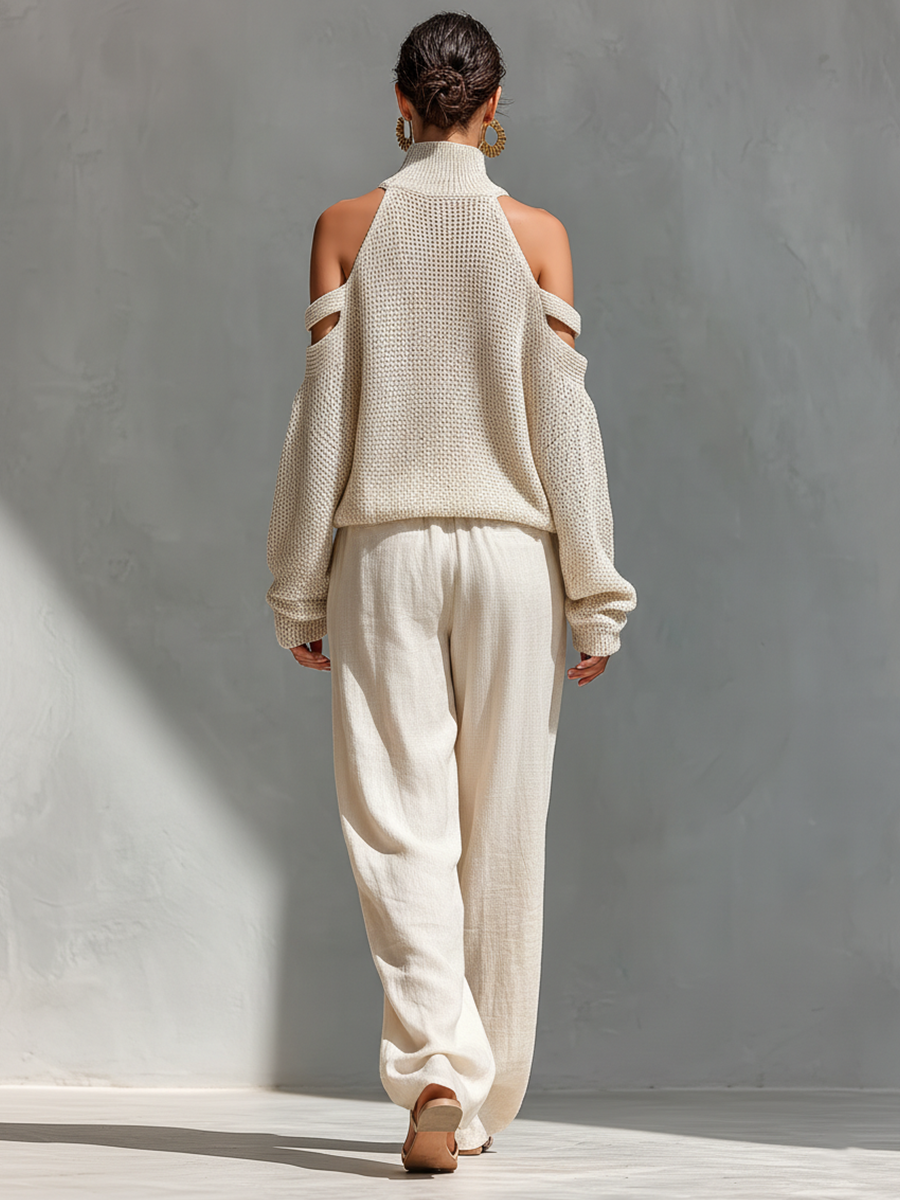 Thalia - Beige stickad axelbandslös polotröja och vida-byxor-set