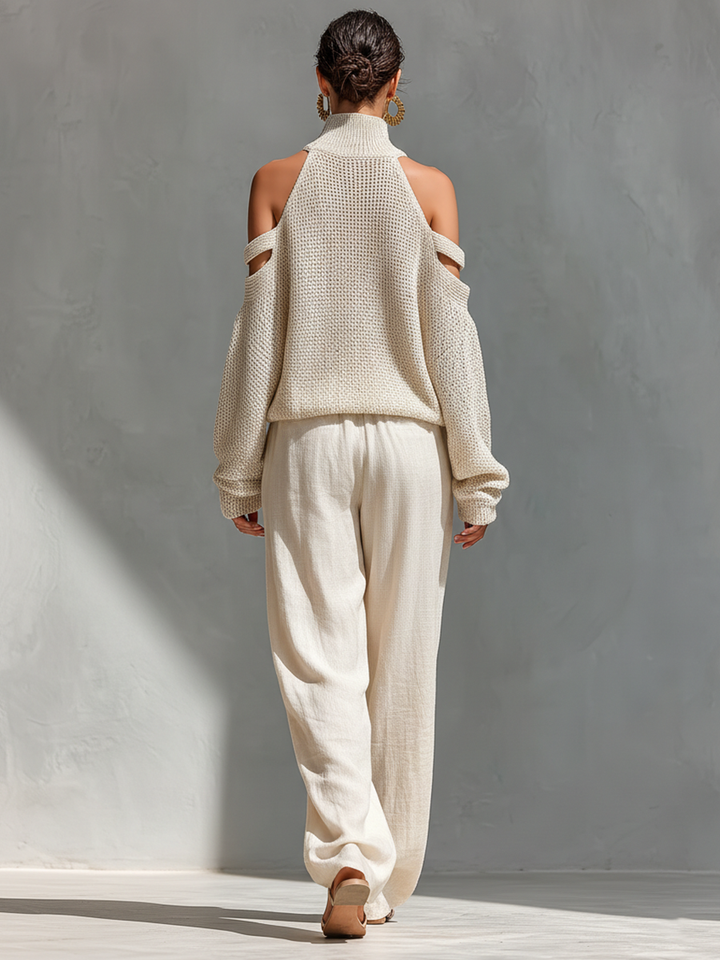 Thalia - Beige stickad axelbandslös polotröja och vida-byxor-set