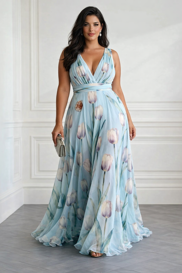 Nerea - elegant tulipanmönstrad V-ringad maxiklänning