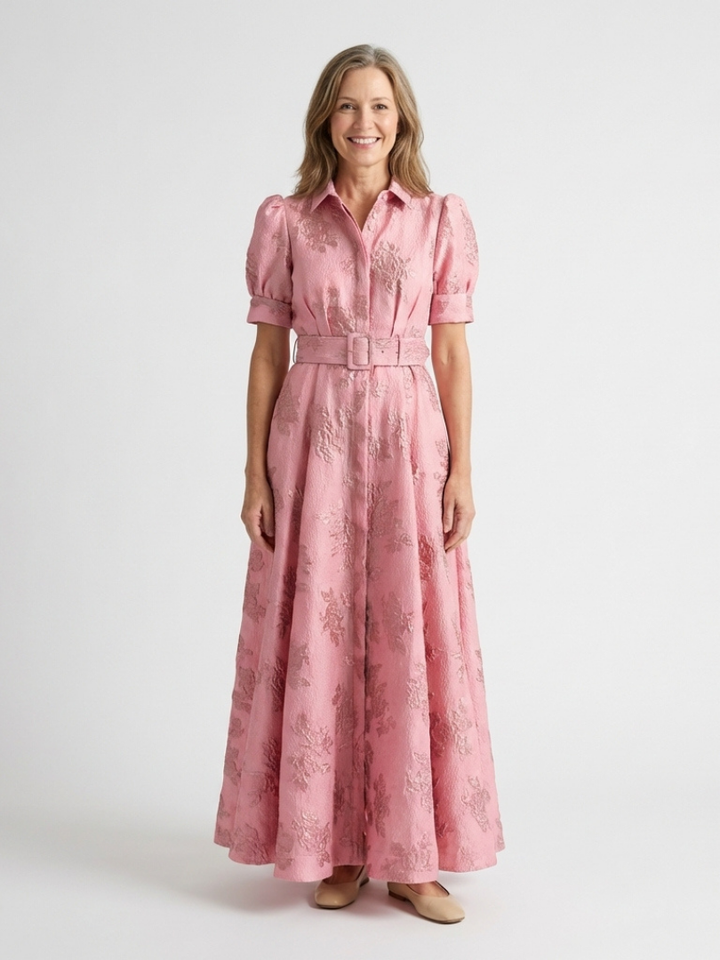 Xanthea | kortärmad, figursydd, blommönstrad texturerad maxiskjortklänning
