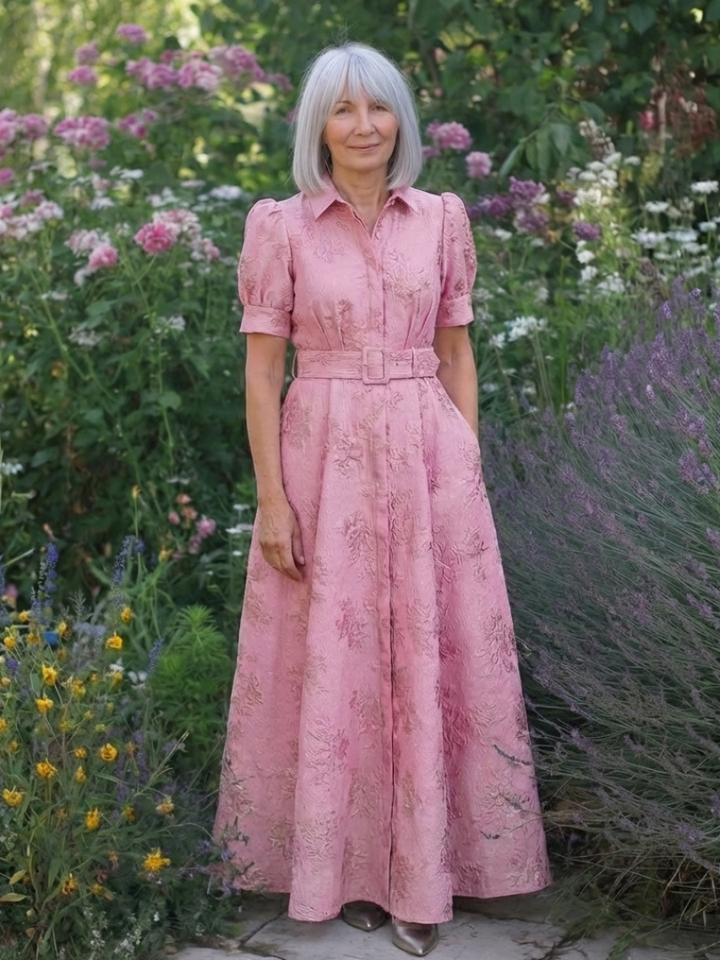 Xanthea | kortärmad, figursydd, blommönstrad texturerad maxiskjortklänning