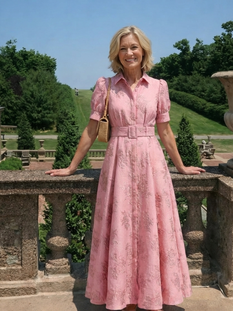 Xanthea | kortärmad, figursydd, blommönstrad texturerad maxiskjortklänning