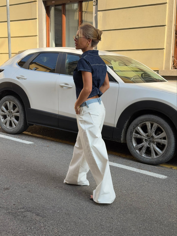 Bjork randiga jeans med låg midja och lös passform – Vit/Blå