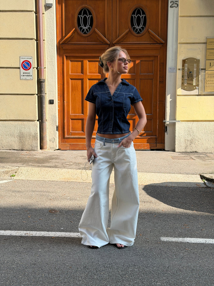 Bjork randiga jeans med låg midja och lös passform – Vit/Blå