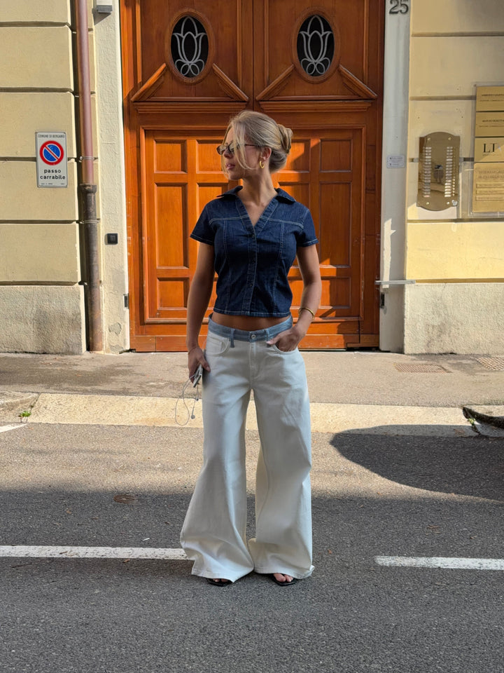 Bjork randiga jeans med låg midja och lös passform – Vit/Blå
