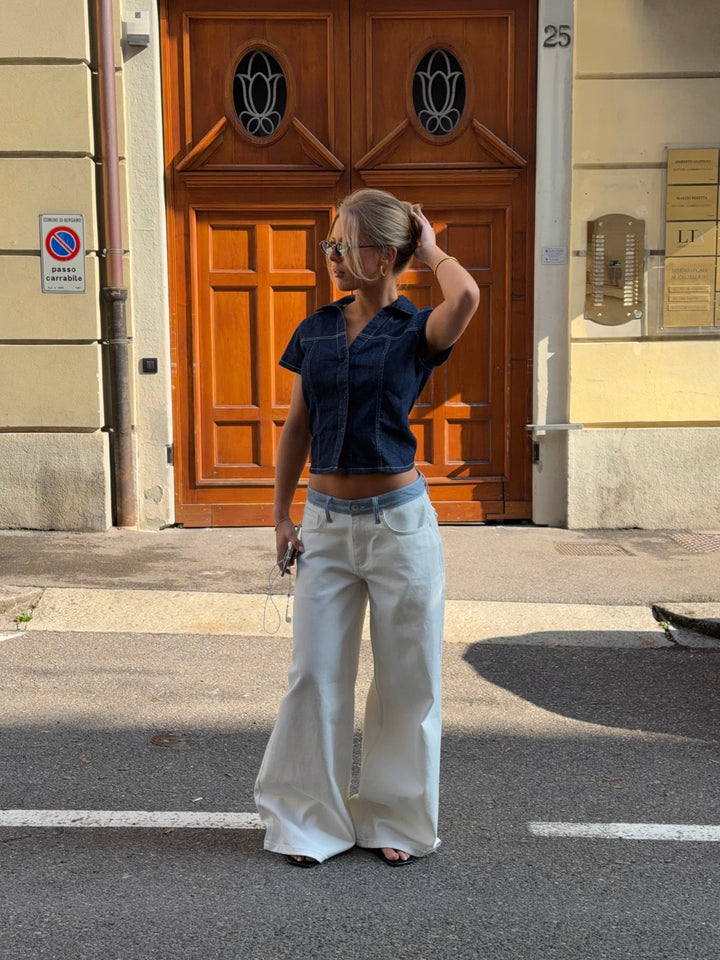 Bjork randiga jeans med låg midja och lös passform – Vit/Blå