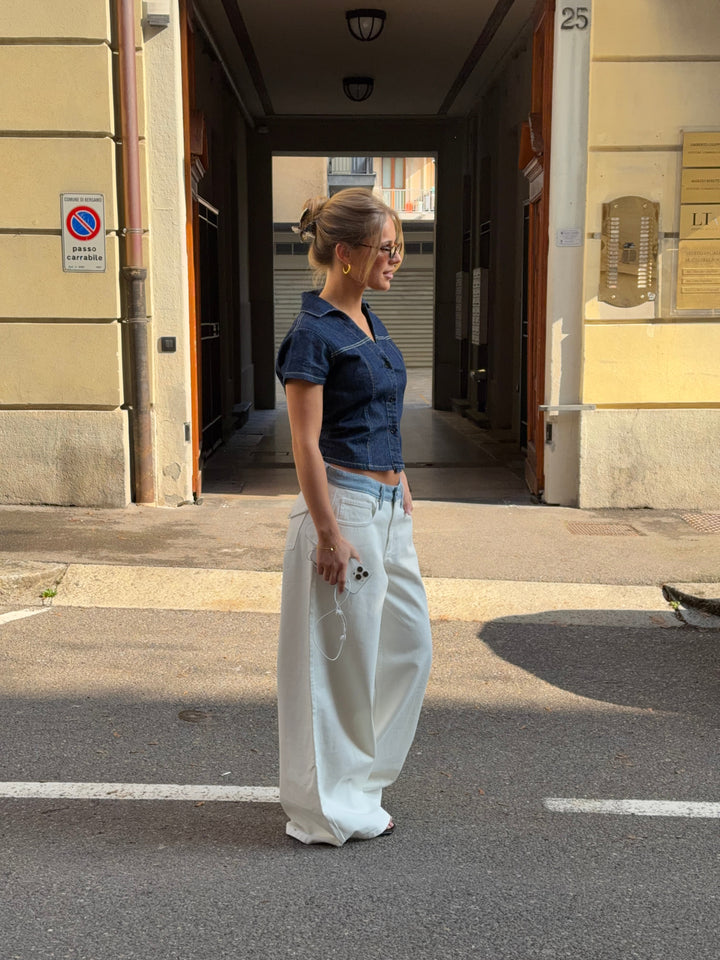 Bjork randiga jeans med låg midja och lös passform – Vit/Blå