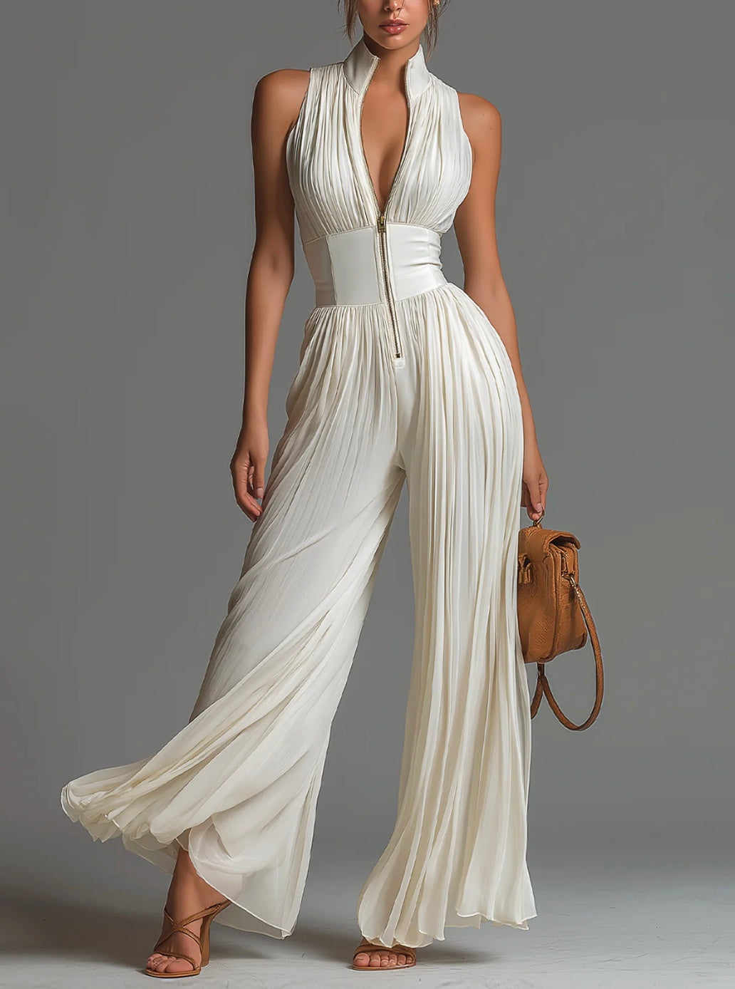 Abigail – V-ringad ärmlös chiffonjumpsuit med dragkedja, veckad och vida ben
