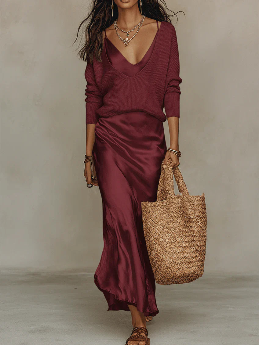 Aria | Satin Midi-set med matchande stickat