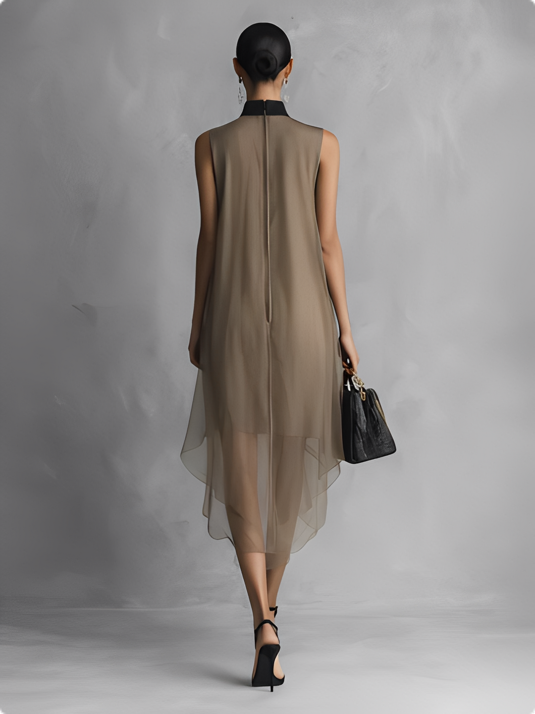 Beatrice - Lättvikt lyx tvåtonad khaki och brun chiffon ärmlös klänning
