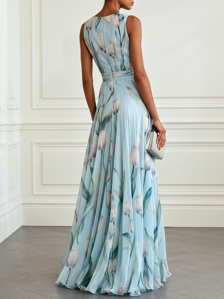 Nerea - elegant tulipanmönstrad V-ringad maxiklänning