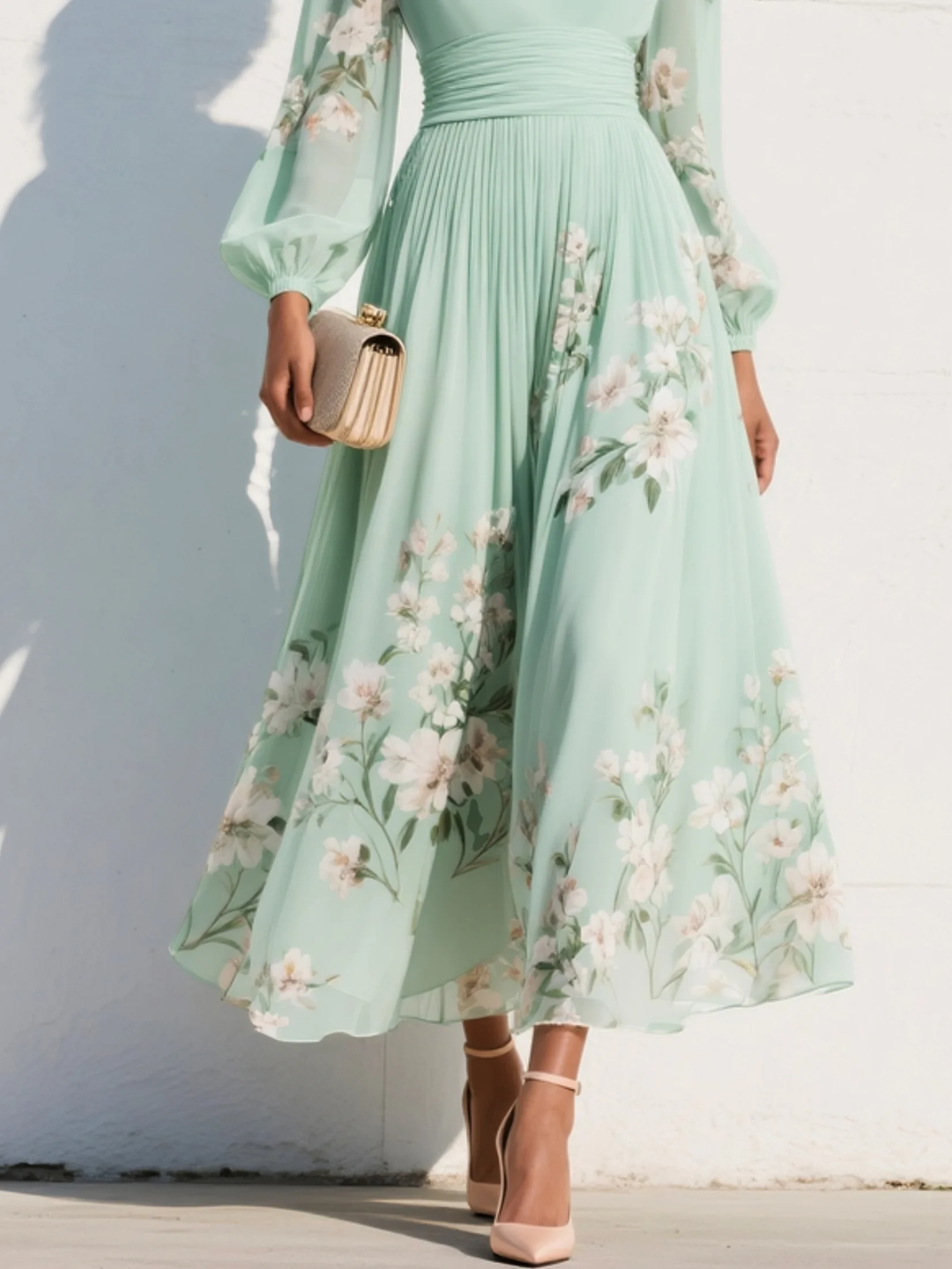 Ljusgrön V-ringad chiffon veckad blommönstrad midiklänning