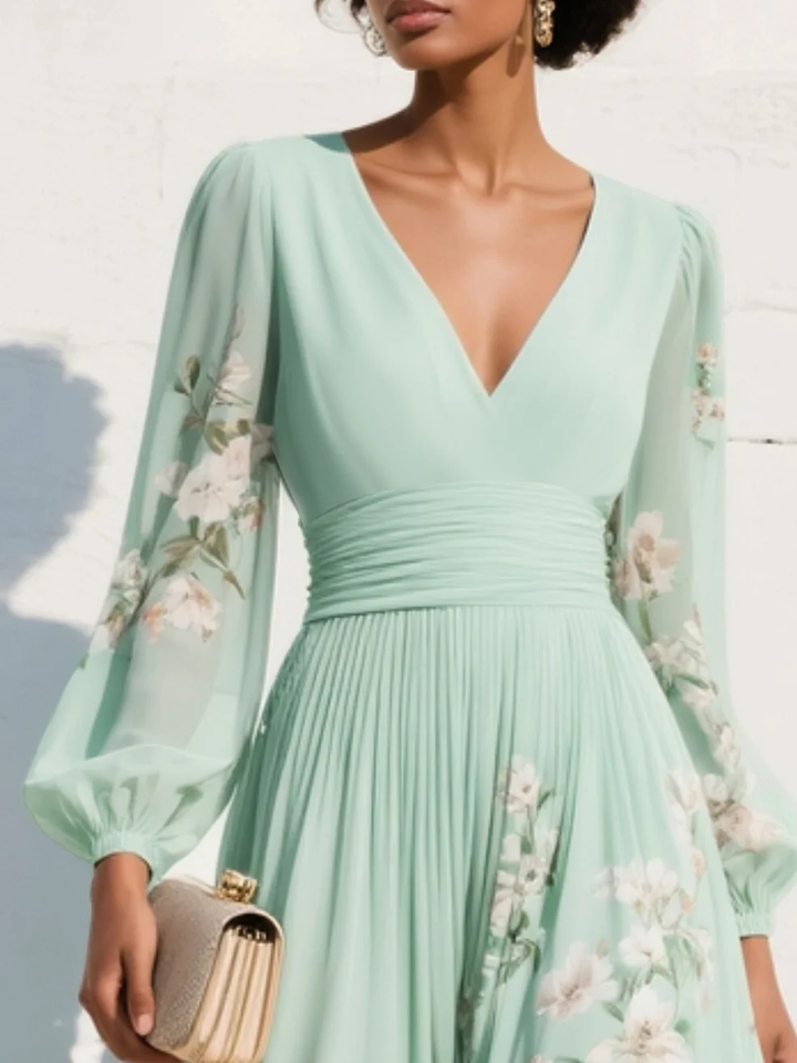 Ljusgrön V-ringad chiffon veckad blommönstrad midiklänning