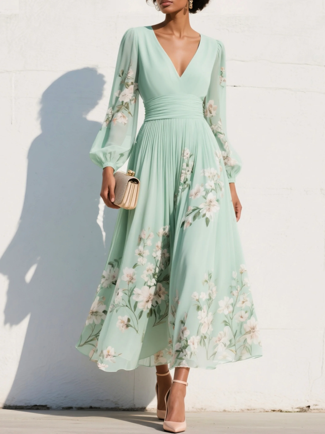 Ljusgrön V-ringad chiffon veckad blommönstrad midiklänning