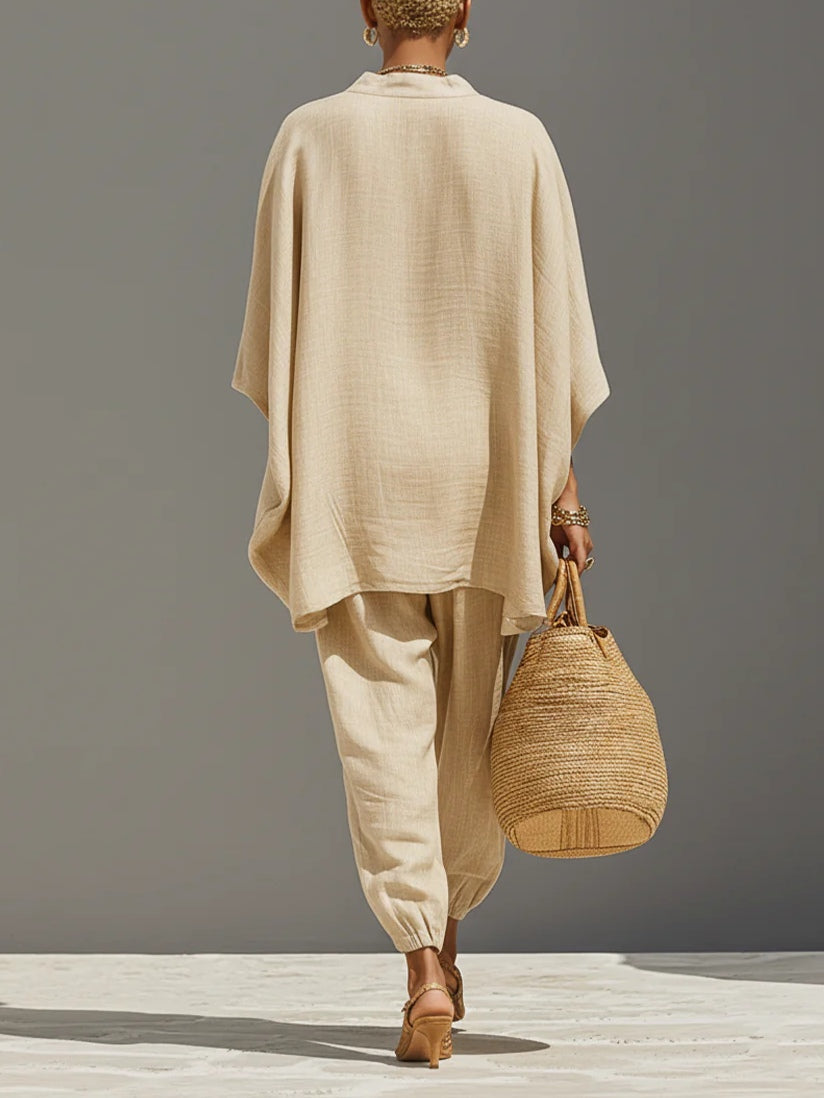 Caroline - Ljus khaki asymmetrisk minimalistisk topp- och joggerbyxset