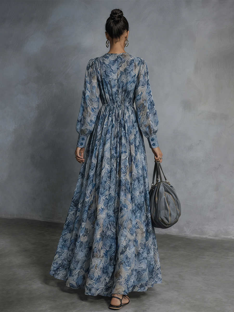 Grace - Bohemisk stil blå blommönstrad chiffongmaxiklänning