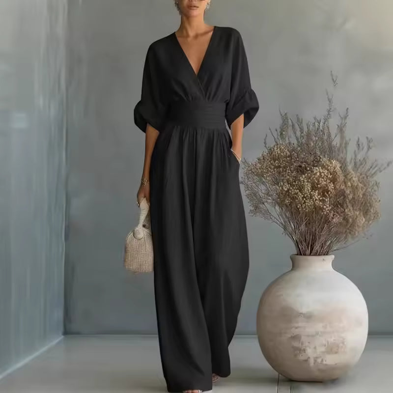 Georgina | djup V-ringning elegant jumpsuit med vida ben