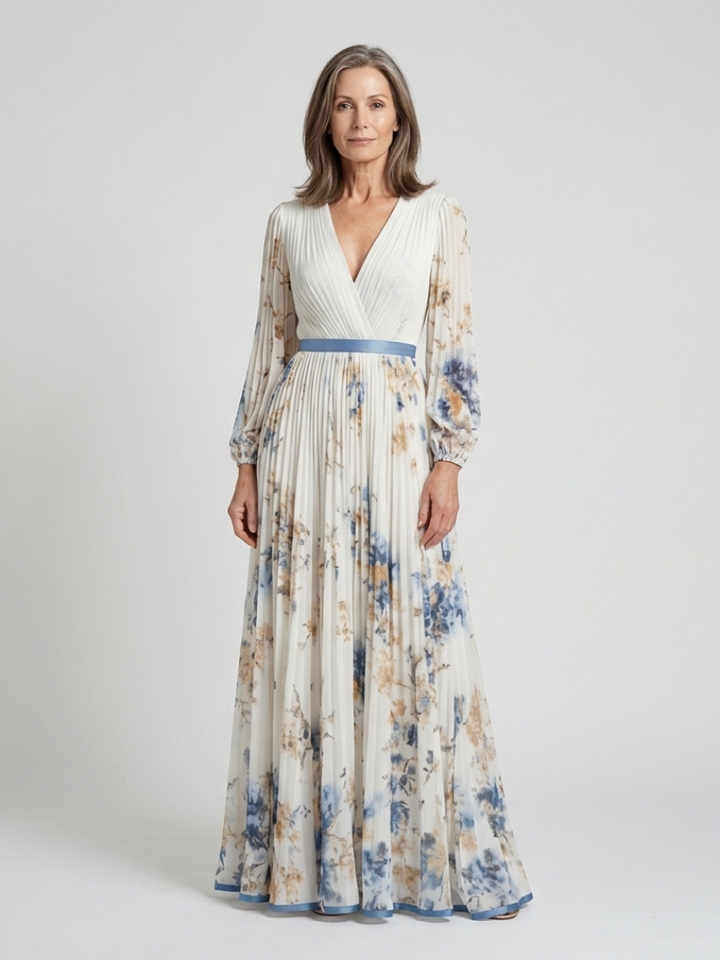 Lavinia | Maxiklänning med långa ärmar och V-ringning i blommigt mönster