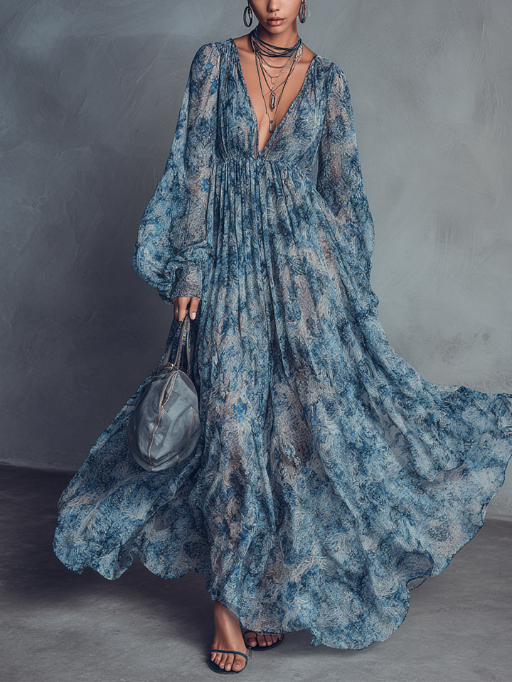 Grace - Bohemisk stil blå blommönstrad chiffongmaxiklänning