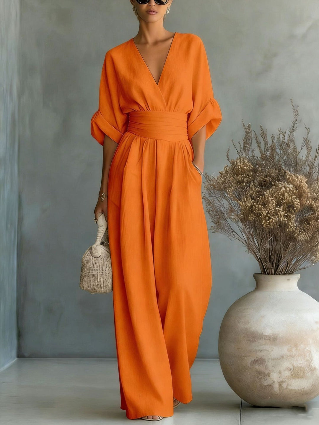 Georgina | djup V-ringning elegant jumpsuit med vida ben
