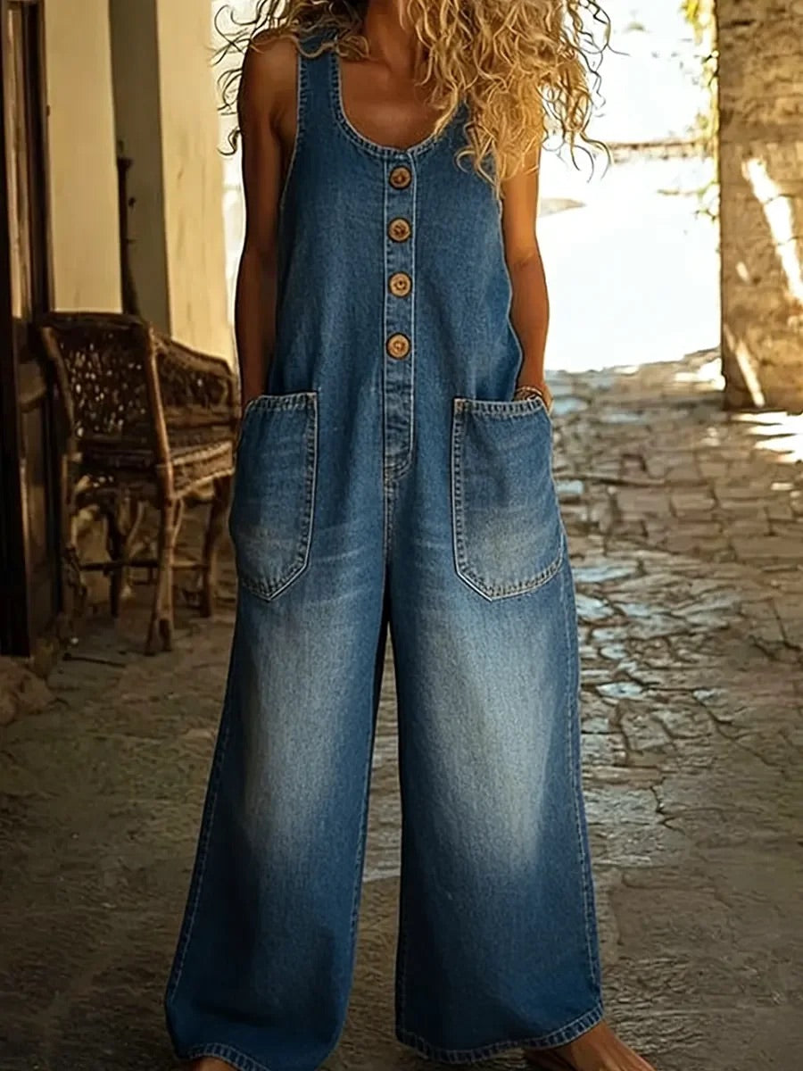 Vintage bomullsdenim hängselbyxor